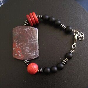 Unique Asymmetrical Bracelet: Huge Bloodstone Black Stone Red Howlite Hematite